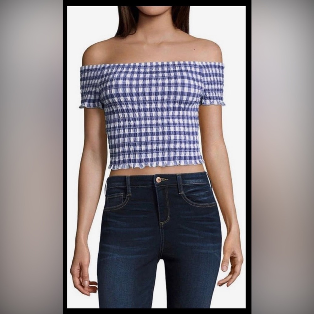 Arizona Jean and Co. Gingham Ruched Off Shoulder Crop Top
